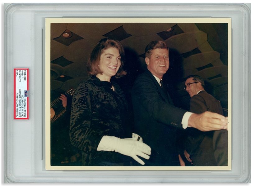 Original 10'' x 8'' Photo of John and Jackie Kennedy Taken by Cecil W. Stoughton the Night Before the Assassination -- Encapsulated & Authenticated by PSA as Type I Photograph